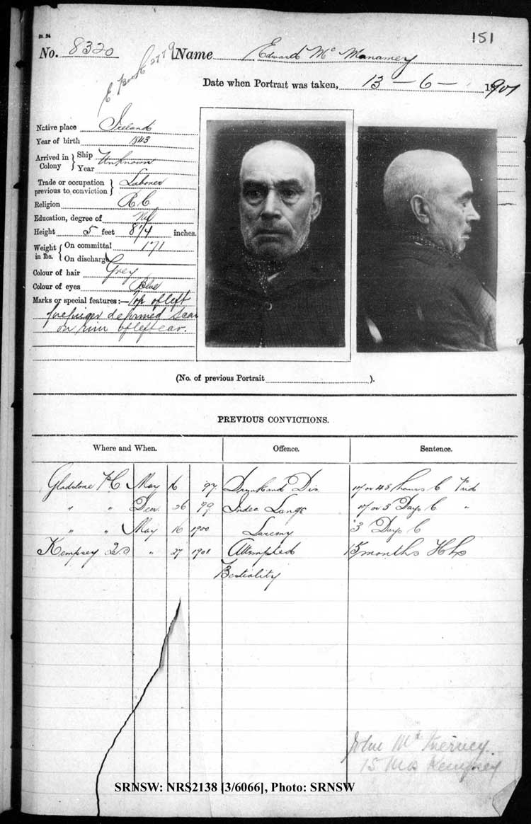 SRNSW: NRS2138, [3/6066], Darlinghurst Gaol photographic description book, 1900-1901, No. 8320, p. 151, R5109.