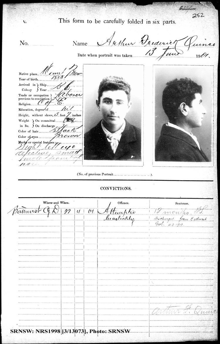 SRNSW: NRS1998, [3/13073], Bathurst Gaol photographic description book, 1874-1930, No. –, p. 252, R5090.