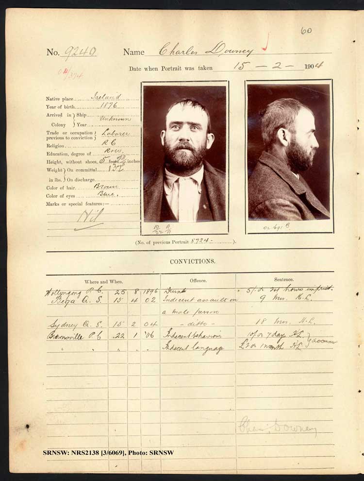 SRNSW: NRS2138, [3/6069], Darlinghurst Gaol photographic description book, 1903-1904, No. 9240, R5110, p. 60.