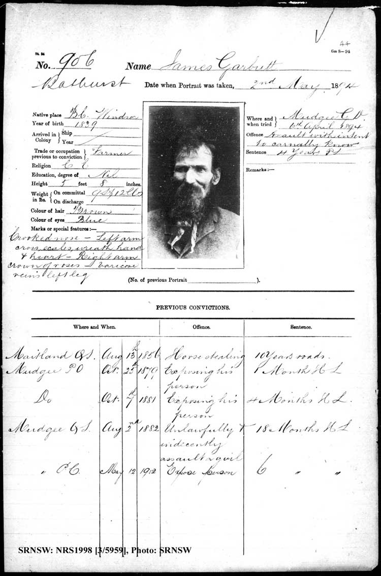 SRNSW: NRS1998, [3/5959], Bathurst Gaol photographic description book, 1874-1930, No. 906, p. 44, R5085.