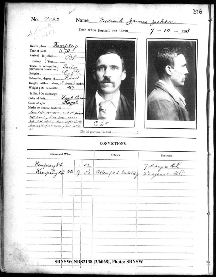 SRNSW: NRS2138, [3/6068], Darlinghurst Gaol photographic description book, 1902-1903, No. 9132, p. 376, R5110