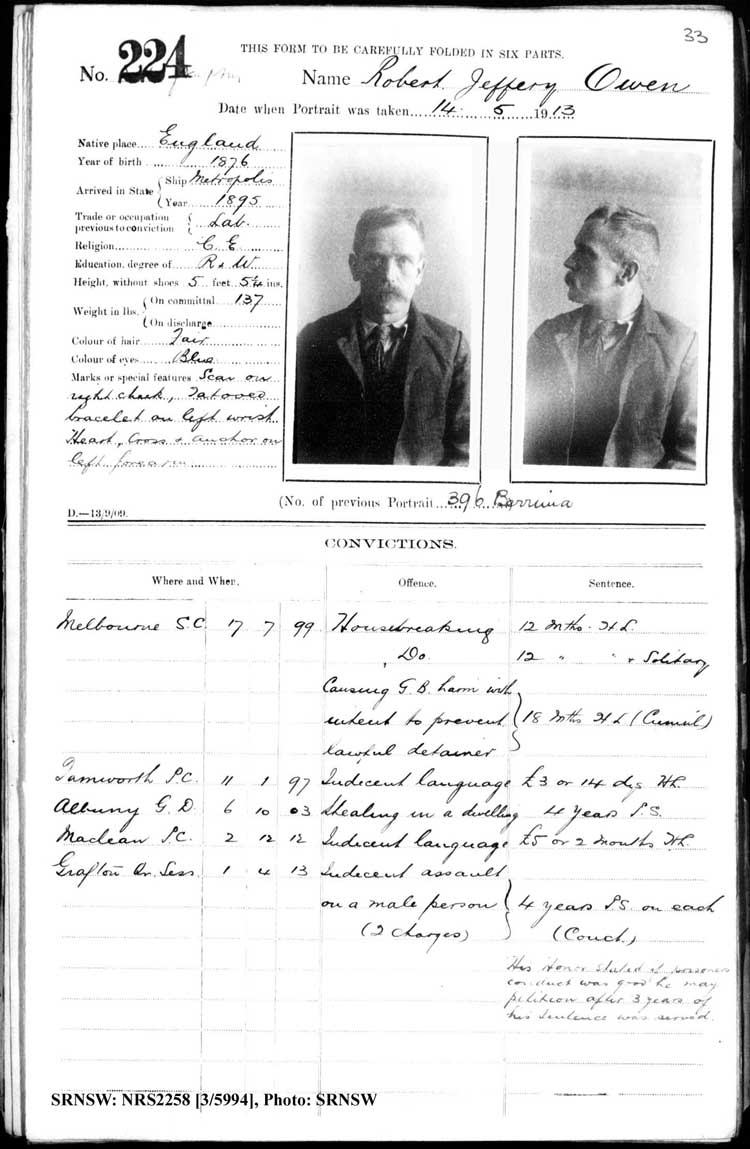 SRNSW: NRS2258, [3/5994], Grafton Gaol photographic description book, Jun 1910-Nov 1922, No. 224, p. 33, R5125.