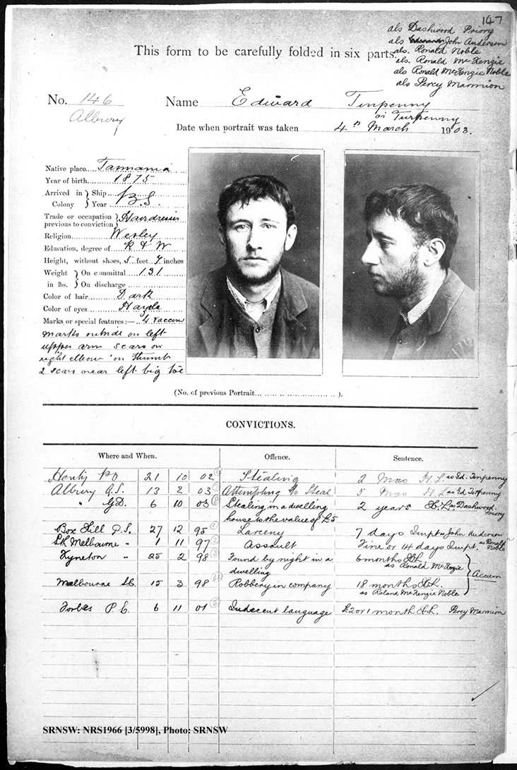 SRNSW: NRS1966, [3/5998], Albury Gaol photographic description book, 1887-1910, No. 146, p. 147, R5082.