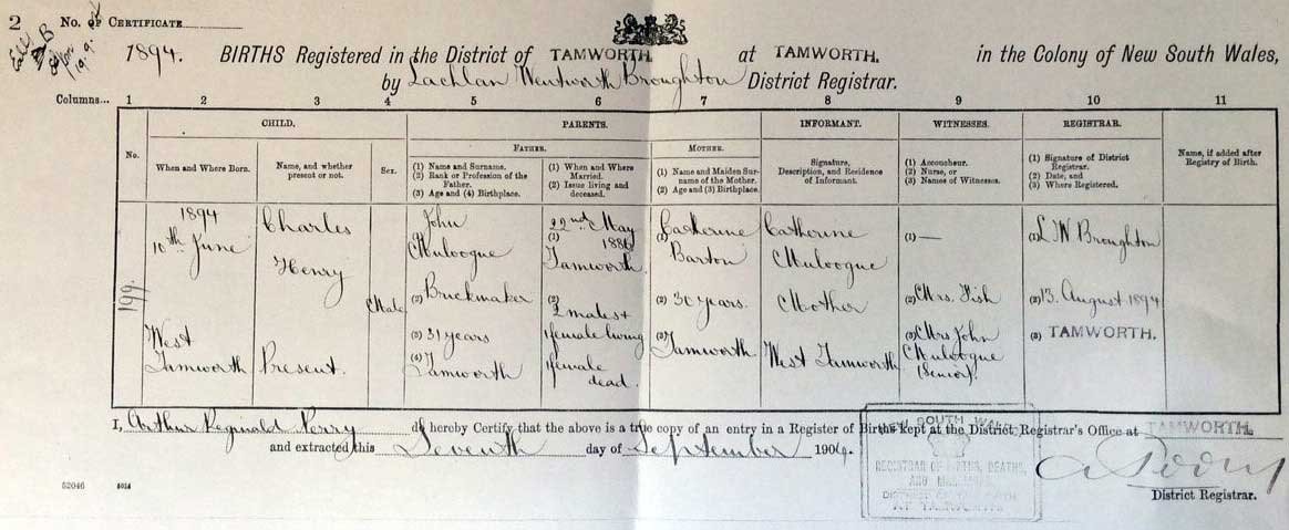 Certified copy of the birth of Charles Henry Mulvogue. Photo: Peter de Waal
