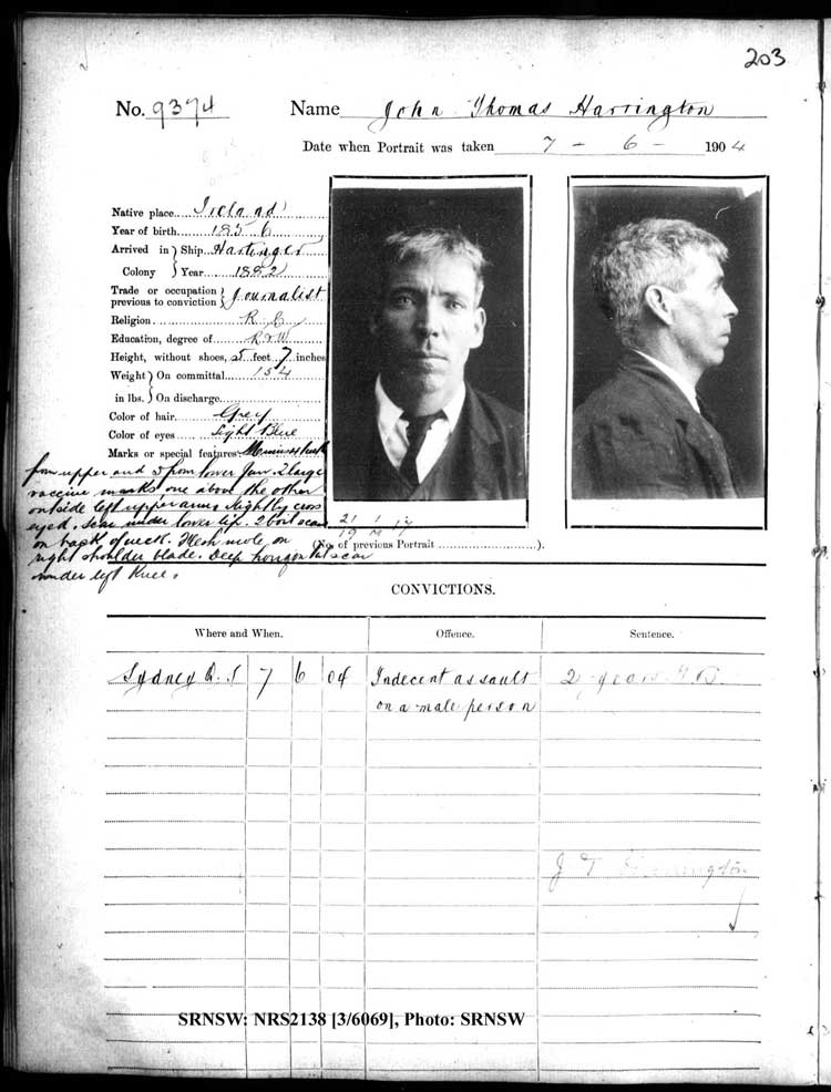 SRNSW: NRS2138, [3/6069], Darlinghurst Gaol photographic description book, 1903-1904, No. 9374, p. 203, R5110.