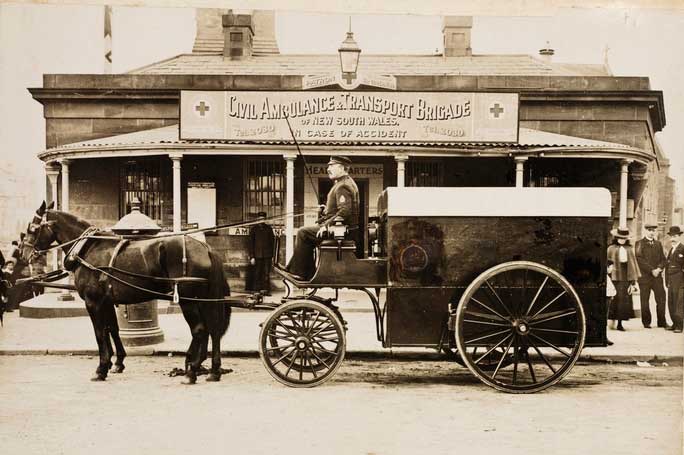 Civil Ambulance and Transport Brigade of NSW, c. 1900. Image: NSW State Library. Reproduction: Peter de Waal Civil Ambulance and Transport Brigade of NSW, c. 1900. Image: NSW State Library. Reproduction: Peter de Waal