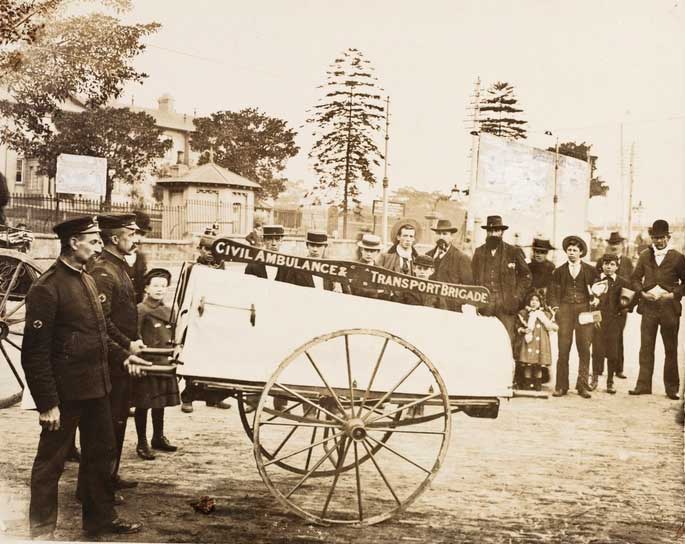 Civil Ambulance and Transport Brigade of NSW, c. 1900. Image: NSW State Library. Reproduction: Peter de Waal Civil Ambulance and Transport Brigade of NSW, c. 1900. Image: NSW State Library. Reproduction: Peter de Waal
