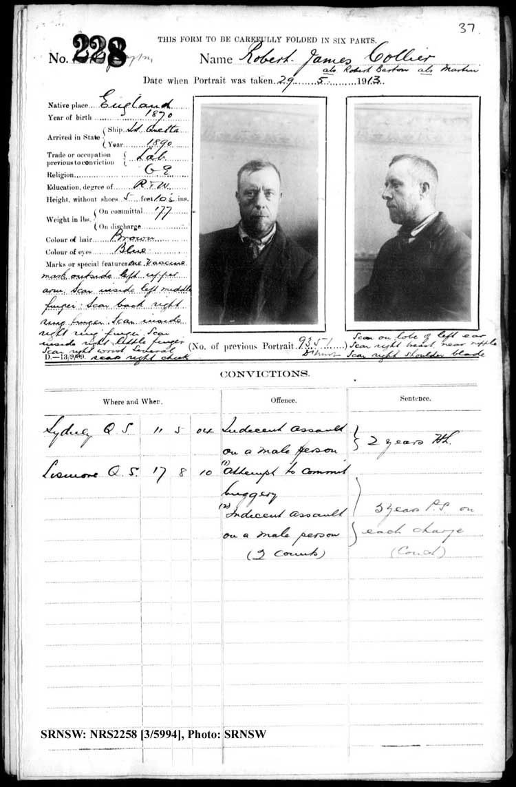 SRNSW: NRS2258, [3/5994], Grafton Gaol photographic description book, Jun 1910-Nov 1922, No. 228, p. 37, R5125. Emphasis added.