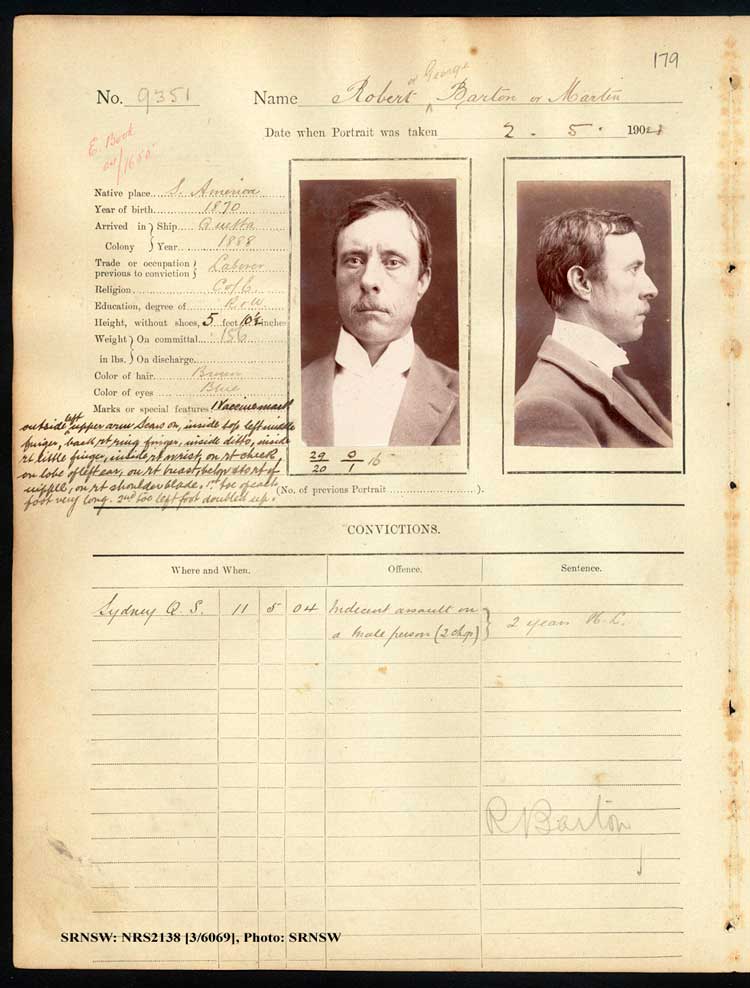 ￼￼￼￼SRNSW: NRS2138, [3/6069], Darlinghurst Gaol photographic description book, 1903-1904, No. 9351, p. 179, R5110.