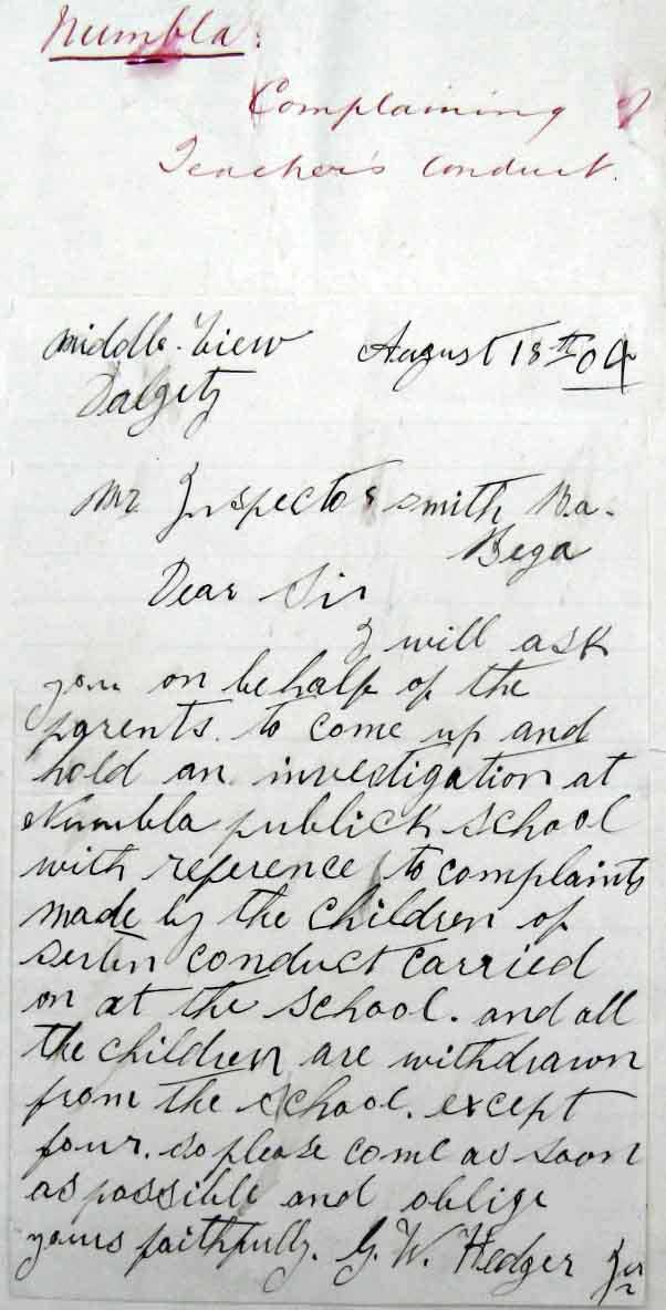 Parents’ letter, 18 Aug 1904, to school inspector Mr A Smith. Photo: Peter de Waal