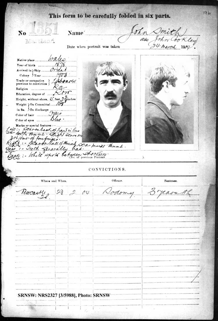 SRNSW: NRS2327, [3/5988], Maitland Gaol photographic description book, 1875-1930, No. 1351, p. 196, R5130.