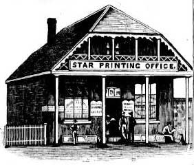 Presumably ‘Star’ newspaper printing office. Source: Australian Town and Country Journal, Sat 30 Aug 1879, p.408. Reproduction: Peter de Waal Presumably ‘Star’ newspaper printing office. Source: Australian Town and Country Journal, Sat 30 Aug 1879, p.408. Reproduction: Peter de Waal