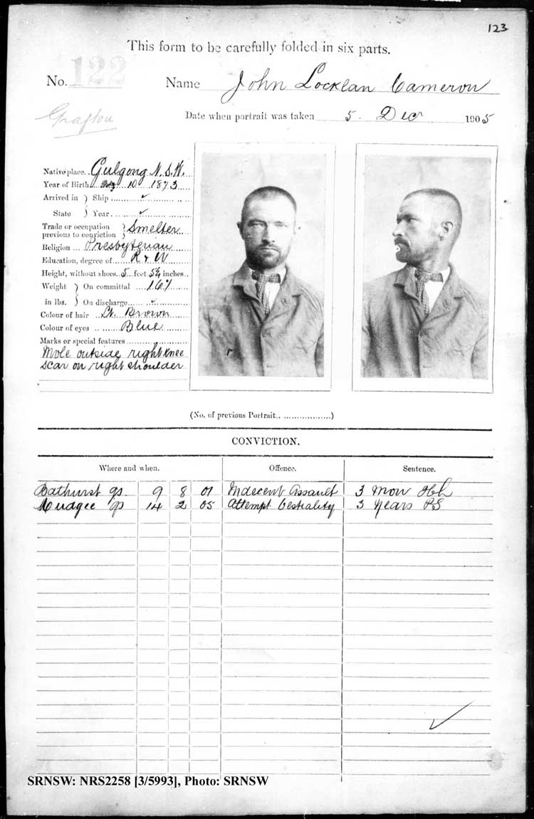 SRNSW: NRS2258, [3/5993], Grafton Gaol photographic description book, Nov 1894-Jun 1910, No. 122, p. 123, R5125.