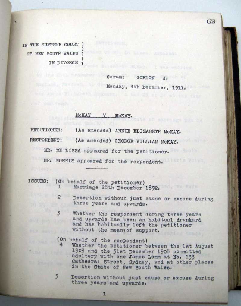 McKay v. McKay, 4 Dec 1911, 1st page of divorce court transcript. Photo: Peter de Waal McKay v. McKay, 4 Dec 1911, 1st page of divorce court transcript. Photo: Peter de Waal