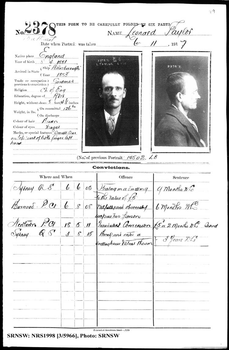 SRNSW: NRS1998, [3/5966], Bathurst Gaol photographic description book, 1874-1930, No. 2378, p. 89, R5087. Emphasis added.
