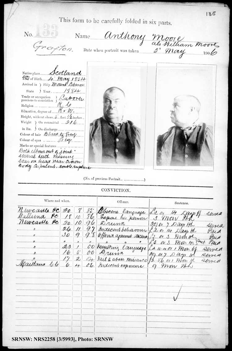 SRNSW: NRS2258, [3/5993], Grafton Gaol photographic description book, 1910-1911, No. 133, p. 135, R5125.