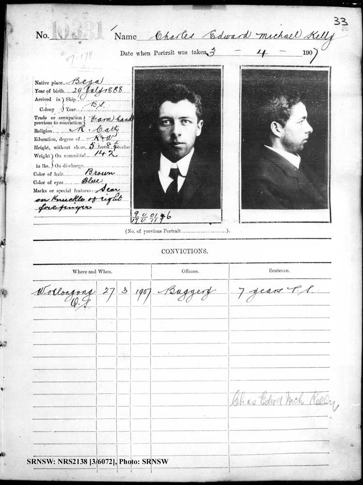 SRNSW: NRS2138, [3/6072], Darlinghurst Gaol photographic description book, 1907-1909, No. 10331, p. 33, R5112.