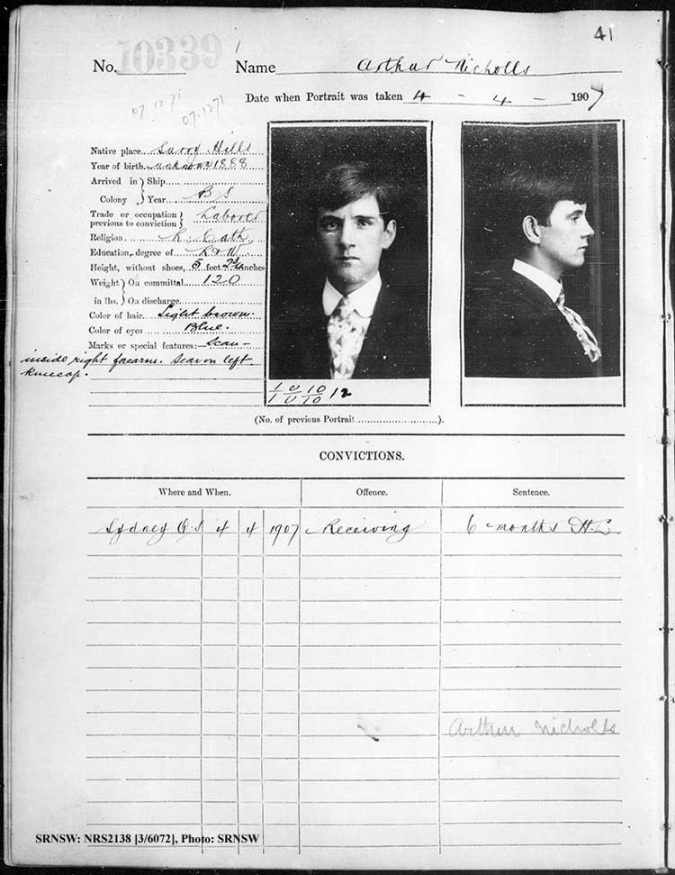 SRNSW: NRS2138, [3/6072], Darlinghurst Gaol photographic description book, 1907-1909, No. 10339, p. 41, R5112.