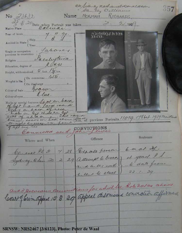 SRNSW: NRS2467, [3/6123], State Penitentiary photographic description book, 8 Nov 1928-21 Mar 1929, No. 23632, p. 357. Emphasis added.