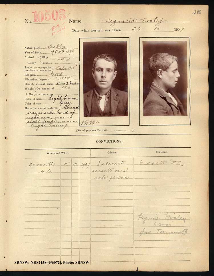 SRNSW: NRS2138, [3/6072], Darlinghurst Gaol photographic description book, 1907-1909, No. 10503, p. 218, R5112.