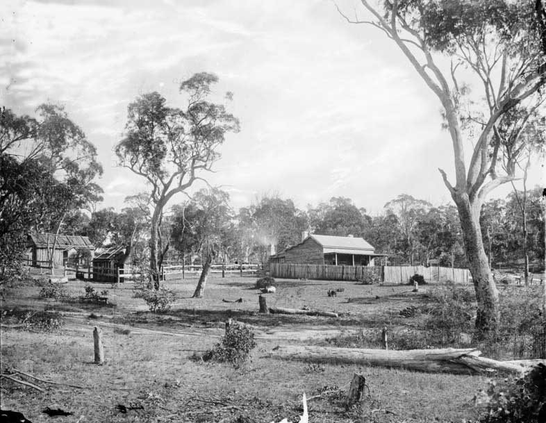 Farmhouse and first police station, with bark outhouses, Trunkey, 1870-1875. Image: NSW State Library collection. Reproduction: Peter de Waal Farmhouse and first police station, with bark outhouses, Trunkey, 1870-1875. Image: NSW State Library collection. Reproduction: Peter de Waal
