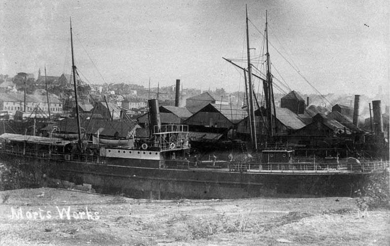 Morts Docks with steam ship in dry dock, Balmain, NSW, c. 1888. Image: NSW State Library. Reproduction: Peter de Waal