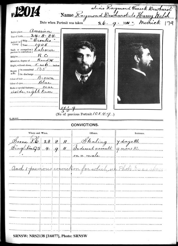 SRNSW: NRS2138, [3/6077], Darlinghurst Gaol photographic description book, 1911-1912, No. 12014, p. 179, R5115. 