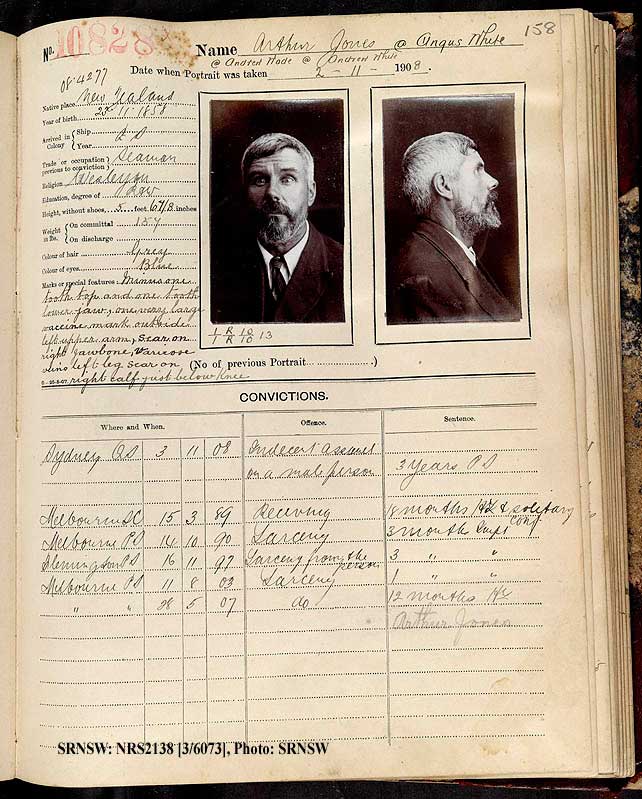 SRNSW: NRS2138, [3/6073], Darlinghurst Gaol photographic description book, 1907-1909, No. 10828, p. 158, R5112. 