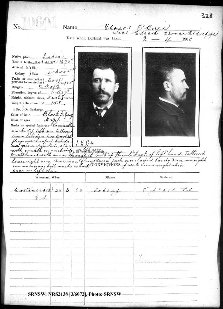 SRNSW: NRS2138, [3/6072], Darlinghurst Gaol photographic description book, 1907-1909, No. 10601, p. 328, R5112.