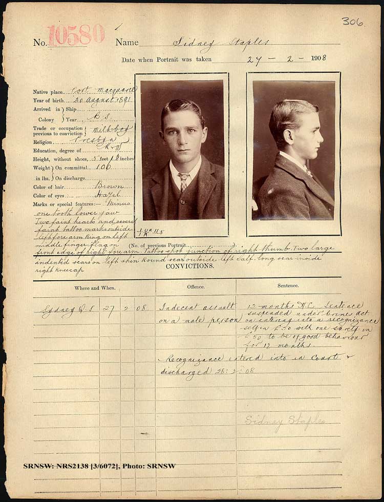 SRNSW: NRS2138, [3/6072], Darlinghurst Gaol photographic description book, 1907-1909, No. 10580, p. 306, R5112.