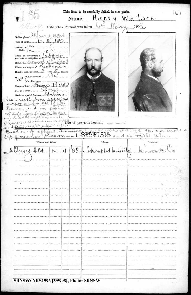 SRNSW: NRS1966, [3/5998], Albury Gaol photographic description book, 1887-1910, No. 165, p. 167, R5082.