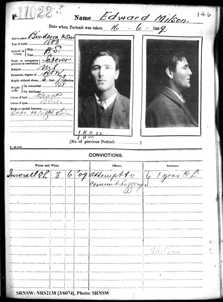 SRNSW: NRS2138, [3/6074], Darlinghurst Gaol photographic description book, 1909-1910, No. 11022, p. 146, R5113.