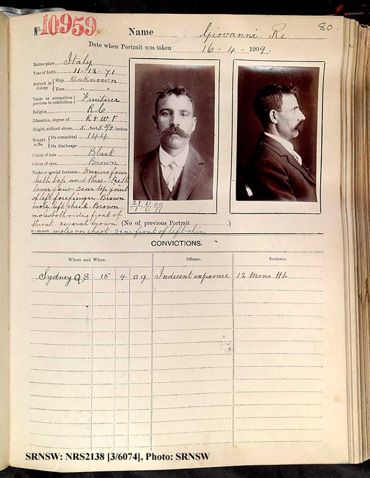 SRNSW: NRS2138, [3/6074], Darlinghurst Gaol photographic description book, 1909-1910, No. 10959, p. 80, R5113.
