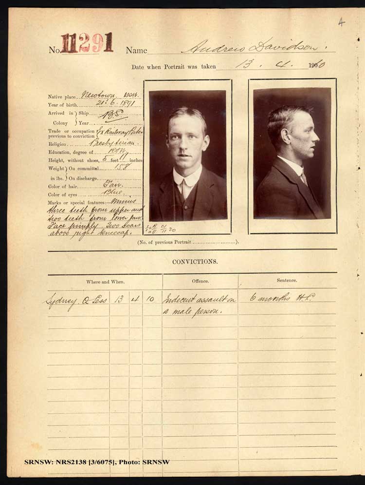 SRNSW: NRS2138, [3/6075], Darlinghurst Gaol photographic description book, 1910-1911, No. 11291, p. 4, R5114.