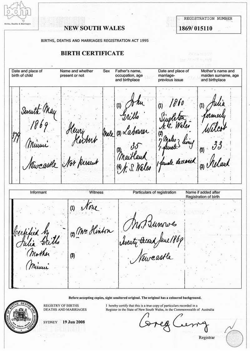 Henry Herbert Grills birth certificate. Photo: Peter de Waal