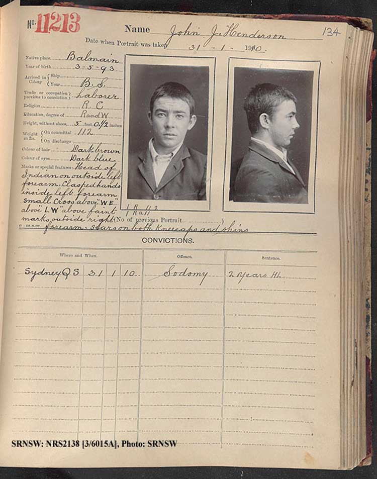 SRNSW: NRS2138, [3/6015a], Darlinghurst Gaol photographic description book, 1909-1910, No. 11213, p. 134, R5113.