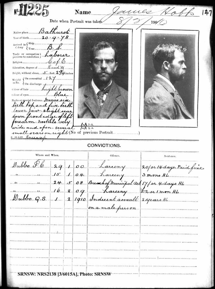 SRNSW: NRS2138, [3/6015a], Darlinghurst Gaol photographic description book, 1909-1910, No. 11225, p. 147, R5113.