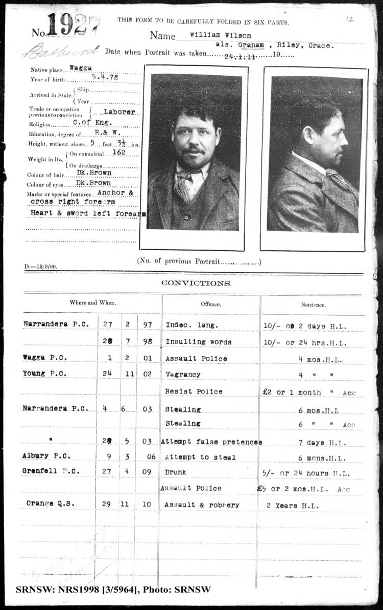 SRNSW: NRS1998, [3/5964], Bathurst Gaol photographic description book, 1874-1930, No. 1927, p. 12, R5087.