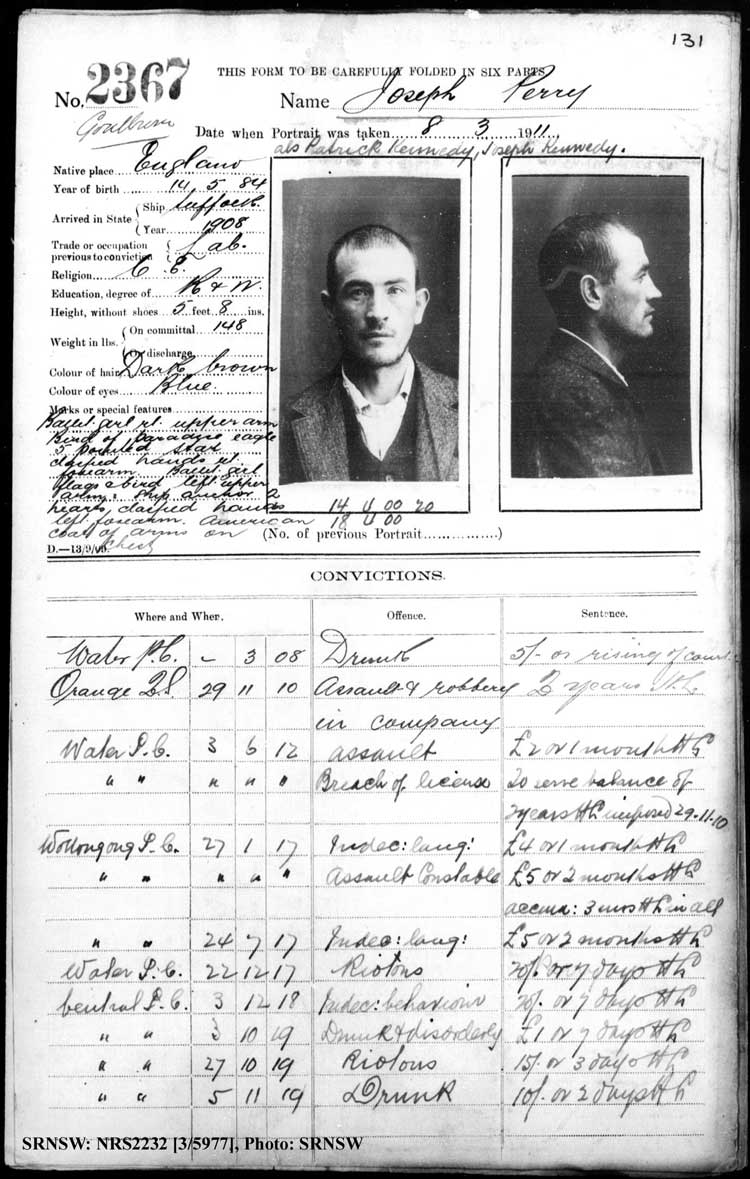  7  SRNSW: NRS2232, [3/5977], Goulburn Gaol photographic description book, 30 Aug 1909-22 Nov 1911, No. 2367, p. 131, R5121.