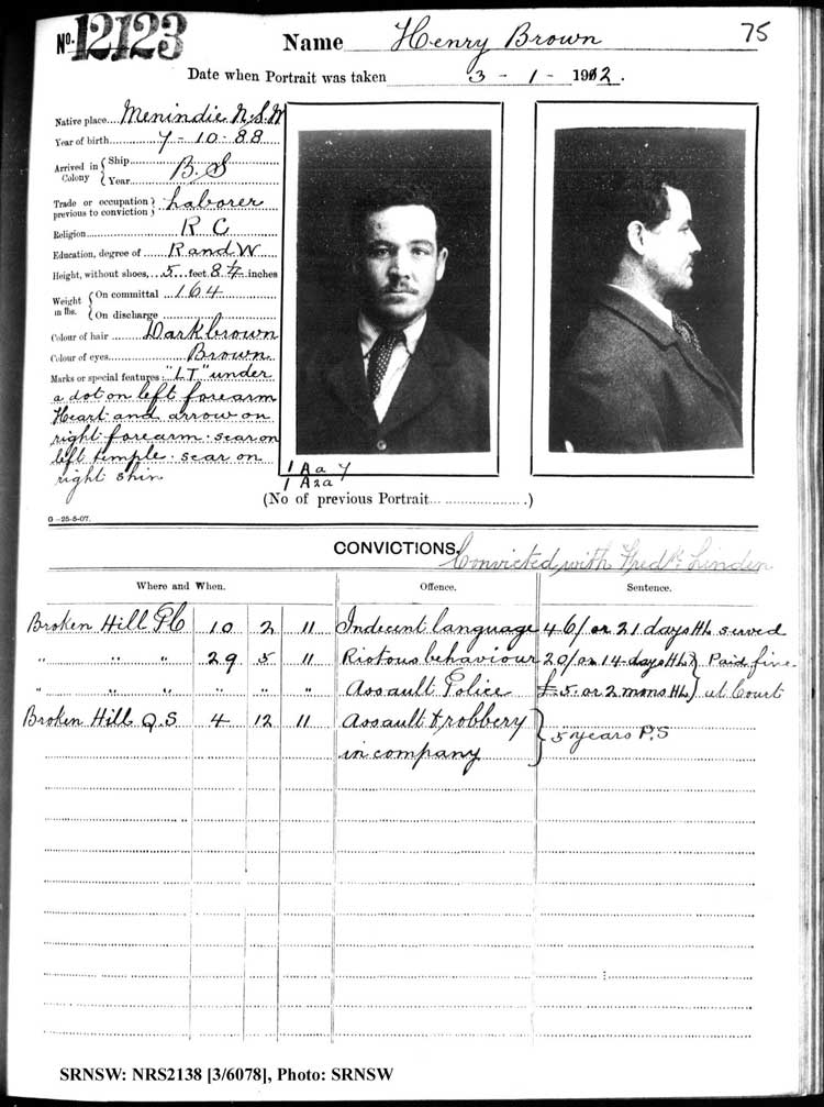SRNSW: NRS2138, [3/6078], Darlinghurst Gaol photographic description book, 1911-1912, No. 12123, p. 75, R5115.