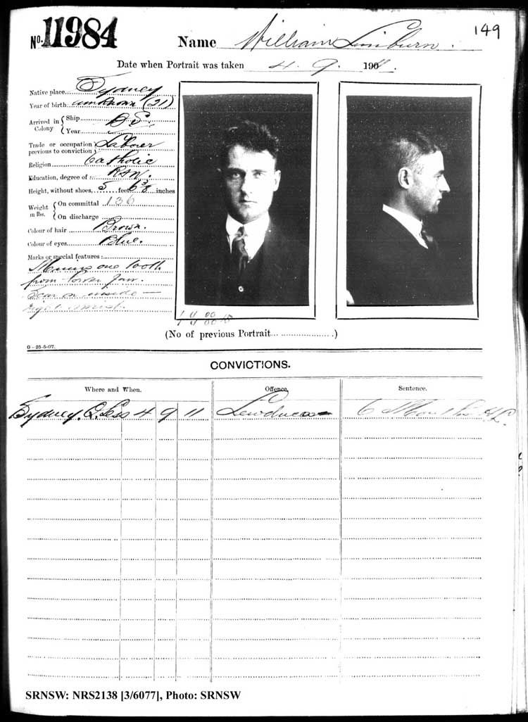 SRNSW: NRS2138, [3/6077], Darlinghurst Gaol photographic description book, 1911-1912, No.11 984, p. 149, R5115.