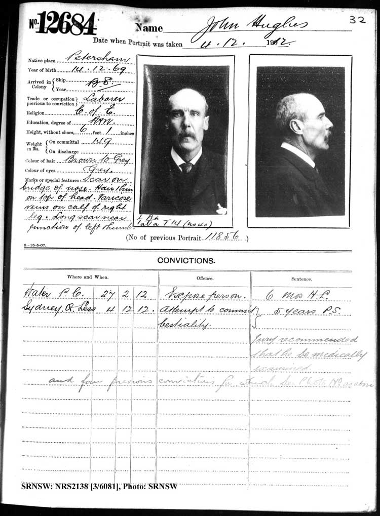 SRNSW: NRS2138, [3/6081], Darlinghurst Gaol photographic description book, 1912-1913, No. 12684, p. 32, R5116.