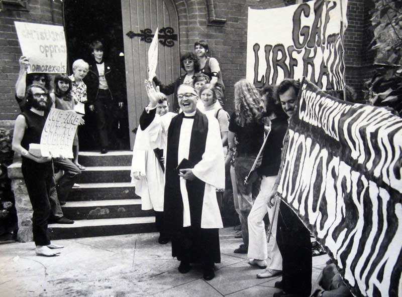 Homosexual demonstration, after the sacking of Peter Bonsall-Boone, outside St Clement’s Church, Mosman, Sun 12 Nov 1972. Photo: Private collection Peter de Waal Homosexual demonstration, after the sacking of Peter Bonsall-Boone, outside St Clement’s Church, Mosman, Sun 12 Nov 1972. Photo: Private collection Peter de Waal