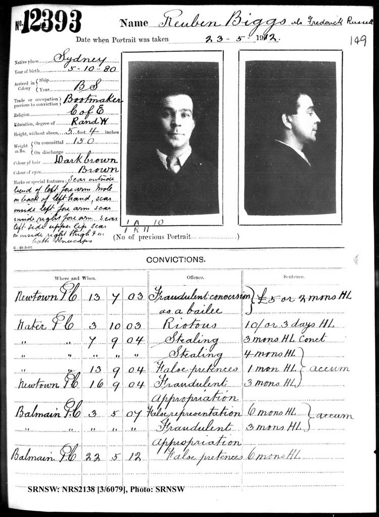 SRNSW: NRS2138, [3/6079], Darlinghurst Gaol photographic description book, 1911-1912, No. 12393, p. 149, R5115.