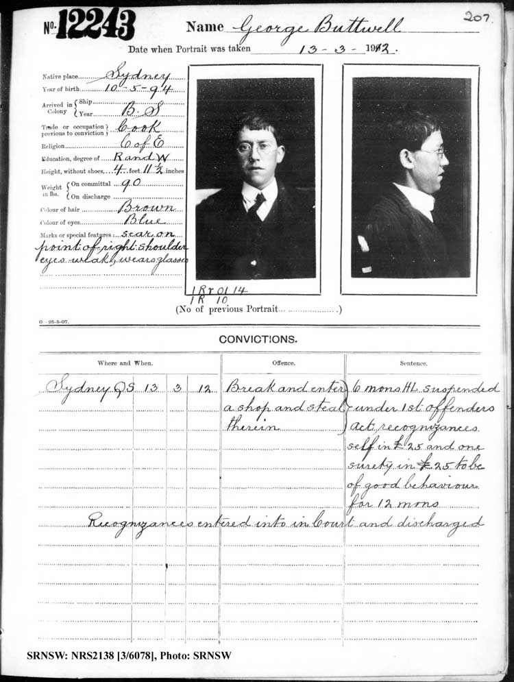 SRNSW: NRS2138, [3/6078], Darlinghurst Gaol photographic description book, 1911-1912, No. 12243, p. 207, R5115.