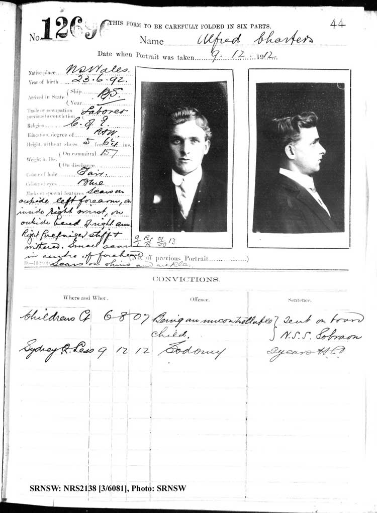SRNSW: NRS2138, [3/6081], Darlinghurst Gaol photographic description book, 1912-1913, No. 12696, p. 44, R5116.