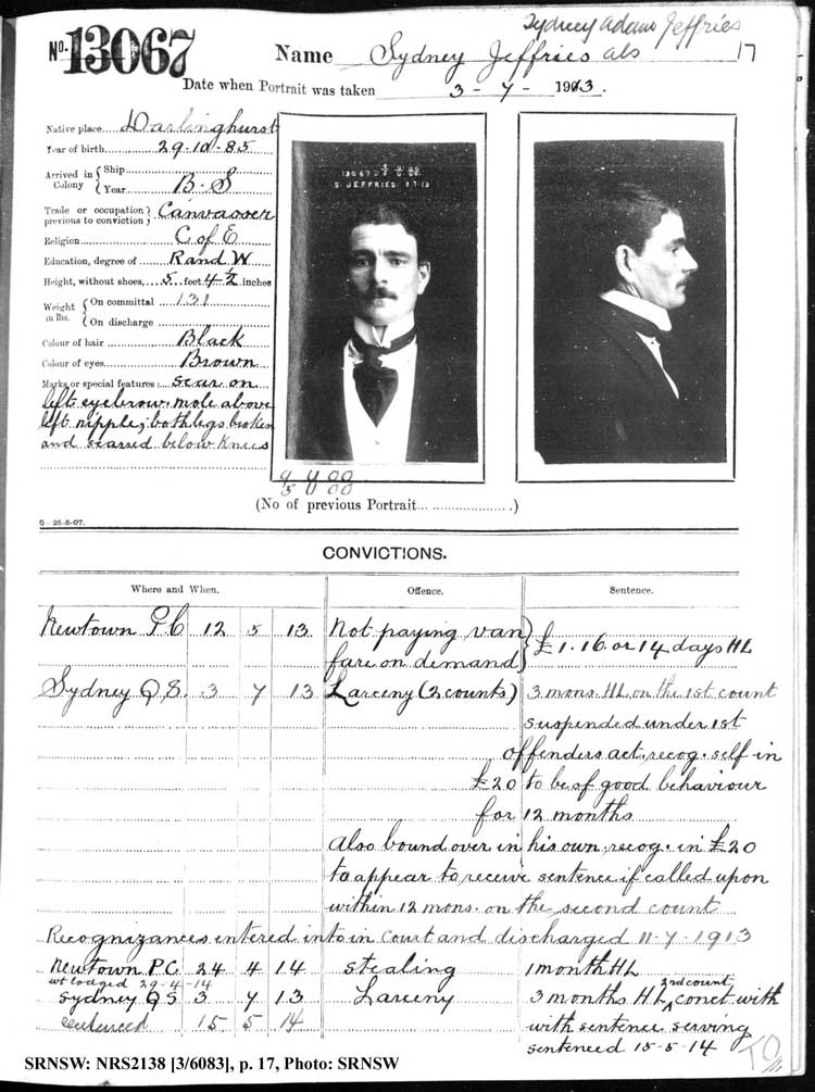 SRNSW: NRS2138, [3/6083], Darlinghurst Gaol photographic description book, 1913-1914, No. 13067, pp. 17, R5117.