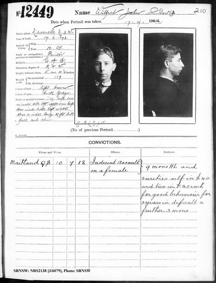  7 8 9   SRNSW: NRS2138, [3/6079], Darlinghurst Gaol photographic description book, 1911-1912, No. 12449, p. 210, R5115.