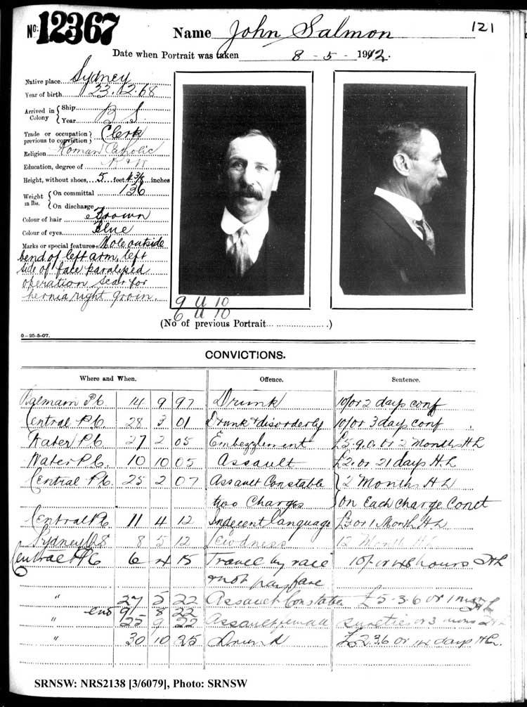 SRNSW: NRS2138, [3/6079], Darlinghurst Gaol photographic description book, 1911-1912, No. 12367, p. 121, R5115.