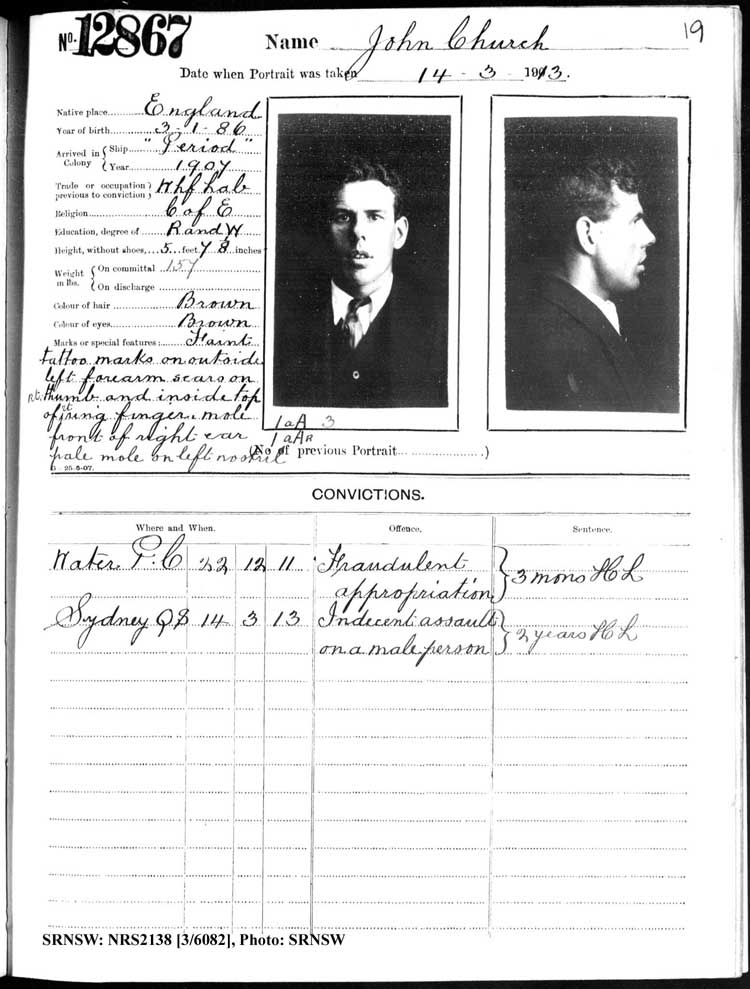 SRNSW: NRS2138, [3/6082], Darlinghurst Gaol photographic description book, 1912-1913, No. 12867, p.19, R5116.
